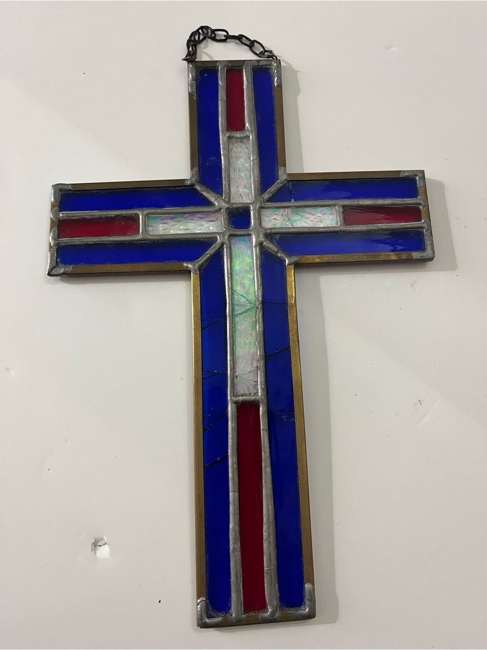 Vintage Stain Glass Cross, Deep Cobalt Blue & Ruby Red - Picture 2 of 6